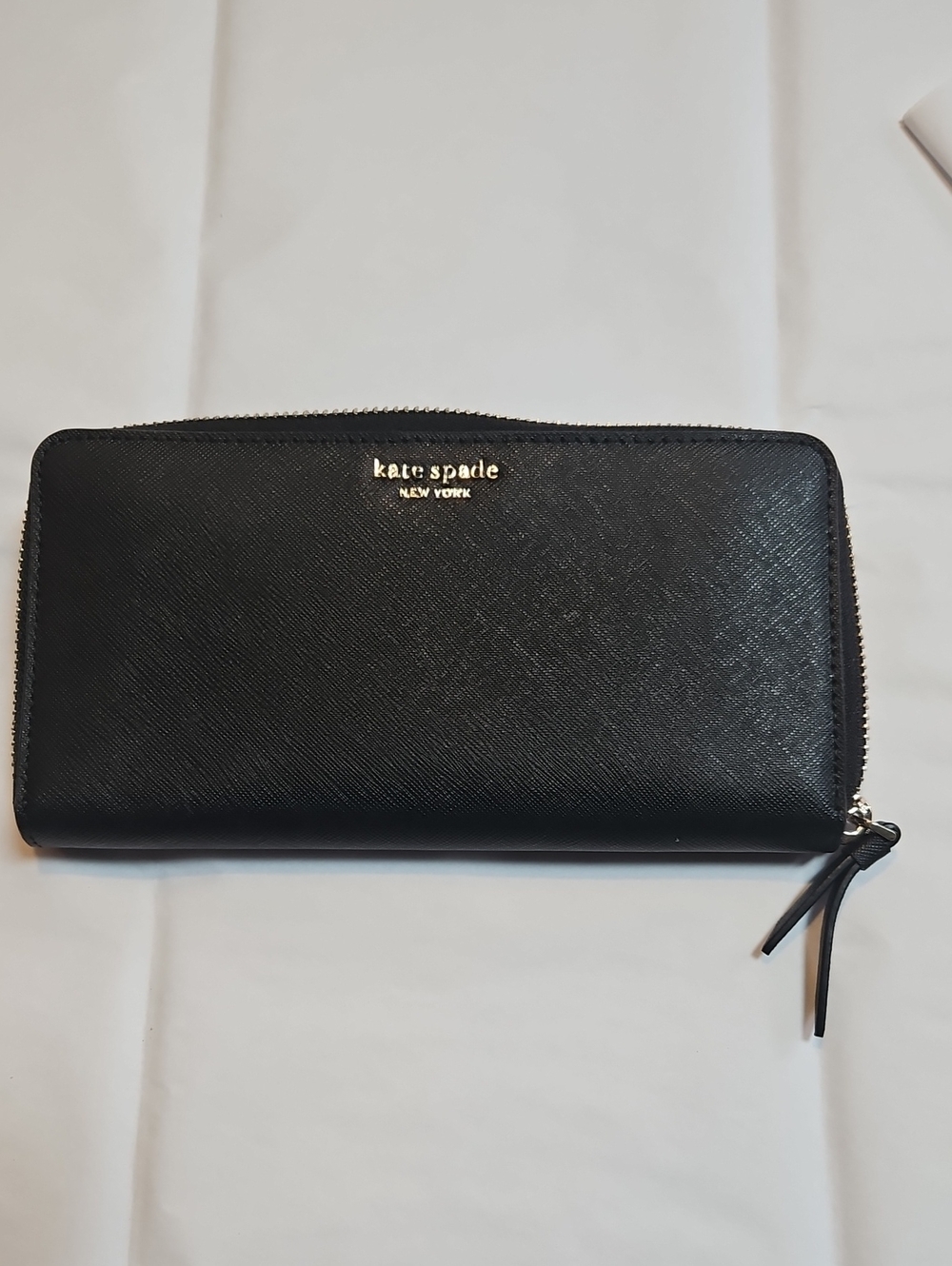 kate spade Black Saffiano Zip Wallet with Gold Logo